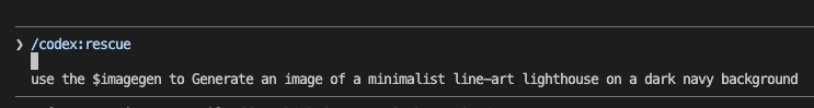 Claude Code prompt invoking /codex:rescue with the instruction "use the $imagegen to Generate an image of a minimalist line-art lighthouse on a dark navy background"