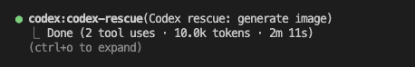 The codex:codex-rescue subagent running inside Claude Code and reporting "Done" — 2 tool uses, 10.0k tokens, 2m 11s