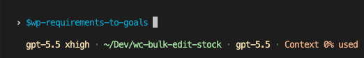 Codex terminal showing the wp-requirements-to-goals skill invoked against the requirements file