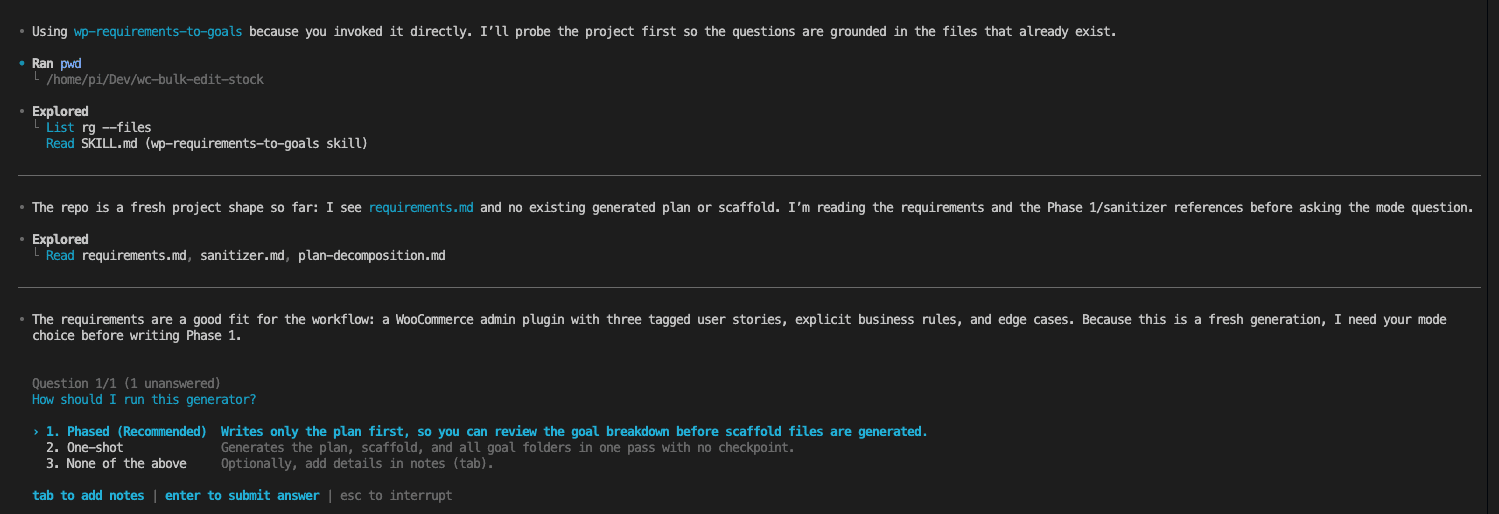 Codex asking whether to generate goals phased or one-shot, with three options: Phased recommended, One-shot, and None of the above