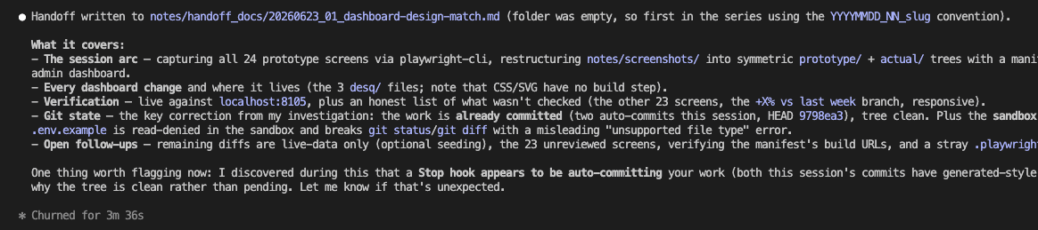 Skill output showing the handoff doc summary and file location