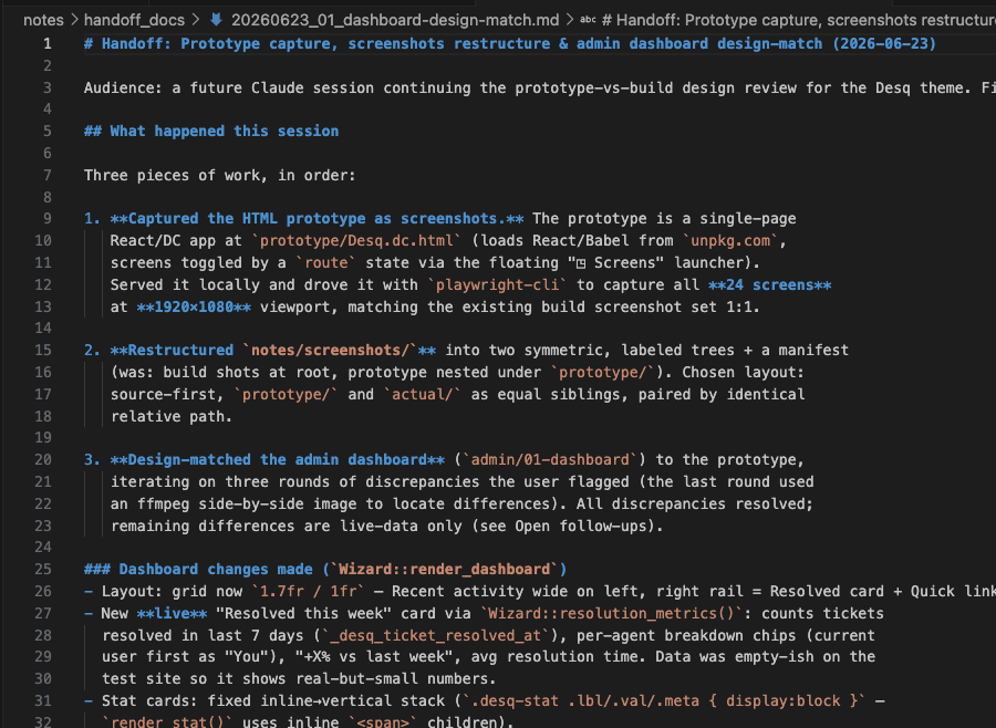The handoff doc opened in the editor, showing structured sections