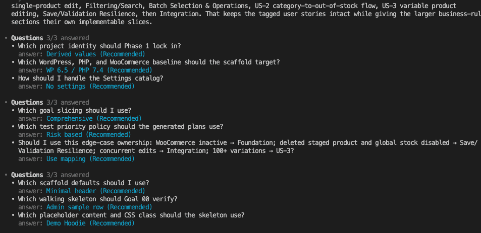 First Q&A round with scaffold questions answered using recommended defaults — project identity, WordPress baseline, goal slicing, edge-case ownership