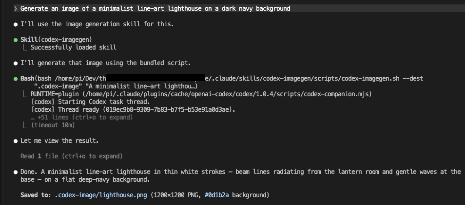 Claude Code automatically loading the codex-imagegen skill from the same plain-English prompt, running the bundled script with the codex plugin runtime, and reporting the image saved to .codex-image/lighthouse.png