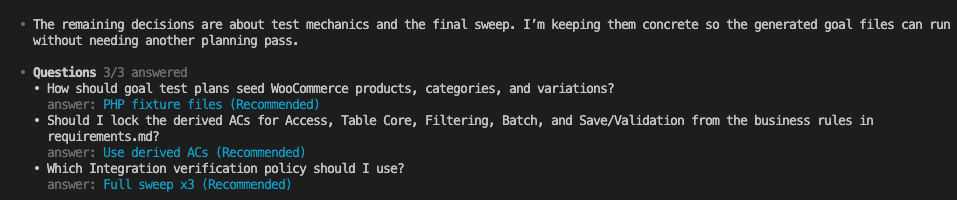 Second Q&A round covering test seeding method, derived acceptance criteria, and integration verification policy — all answered with recommended options