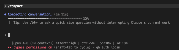 Compaction in progress — progress bar at 55%