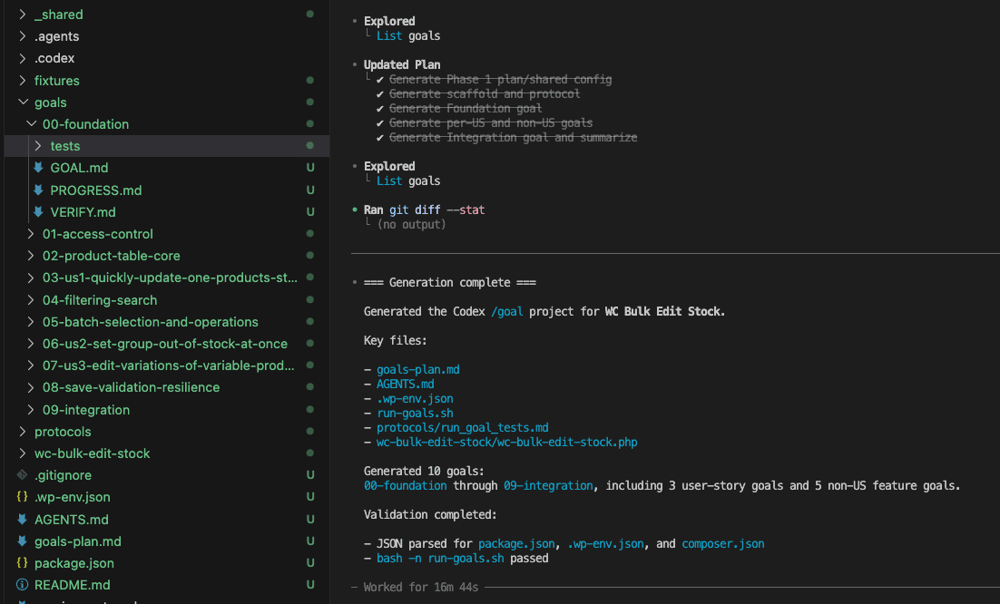 VS Code showing the finished scaffold — 10 goal folders from 00-foundation through 09-integration in the goals directory, plus root config files, ready to run
