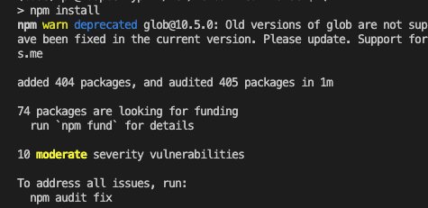 Terminal showing npm install output — 404 packages installed for wp-env