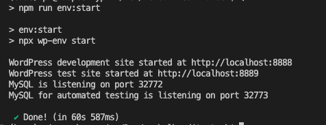 wp-env start output with WordPress dev site at localhost:8888 and test site at localhost:8889