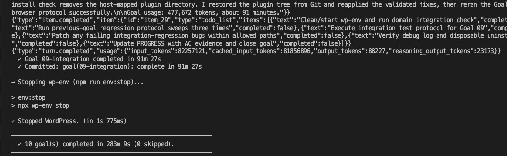 Terminal showing 10 goals completed in 283 minutes 9 seconds with 0 skipped, followed by wp-env shutdown