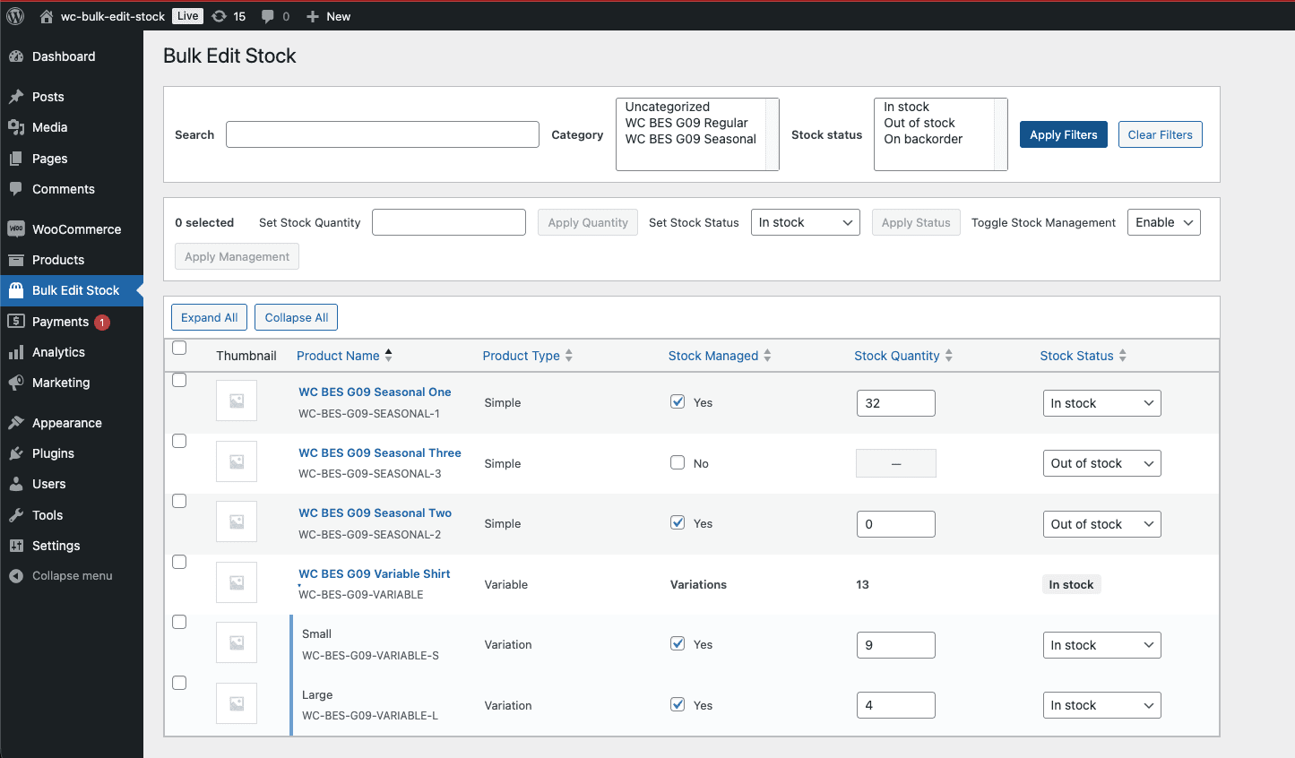 The generated Bulk Edit Stock admin page showing a product table with search, category filter, stock status filter, and columns for product name, type, stock managed, stock quantity, and stock status — functional but visually plain