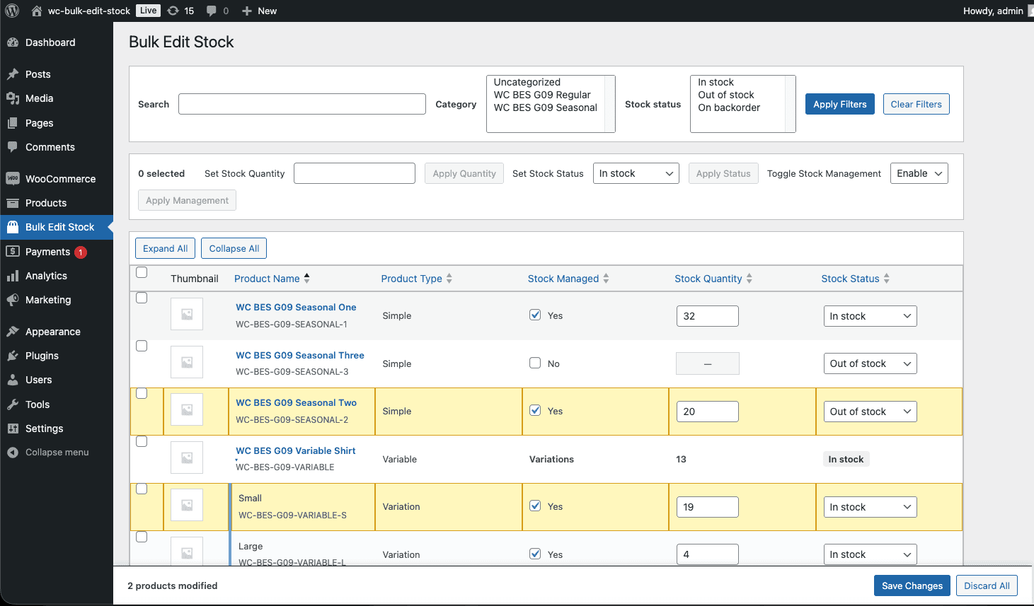 Bulk editing stock quantities — WC BES G09 Seasonal Two changed to 20, Small variation changed to 19, with Save Changes button and 2 products modified indicator