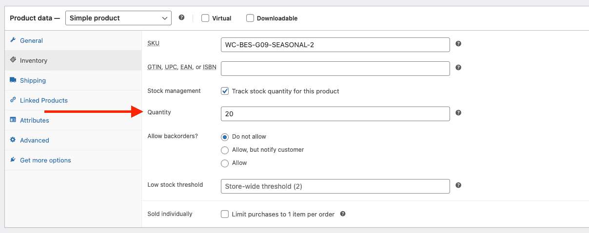 WooCommerce product edit page for WC BES G09 Seasonal Two showing stock quantity of 20 persisted correctly after bulk edit, with red arrow pointing to the quantity field