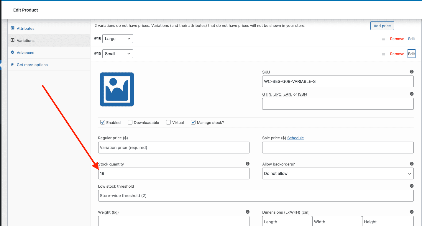 WooCommerce variation edit page for Small variation showing stock quantity of 19 persisted correctly after bulk edit, with red arrow pointing to the stock quantity field