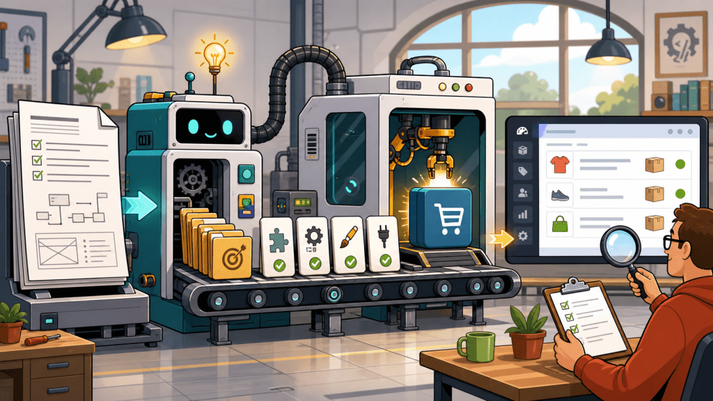 Assembly line illustration for turning a requirements doc into a CodeCanyon-grade WordPress plugin with Codex /goal