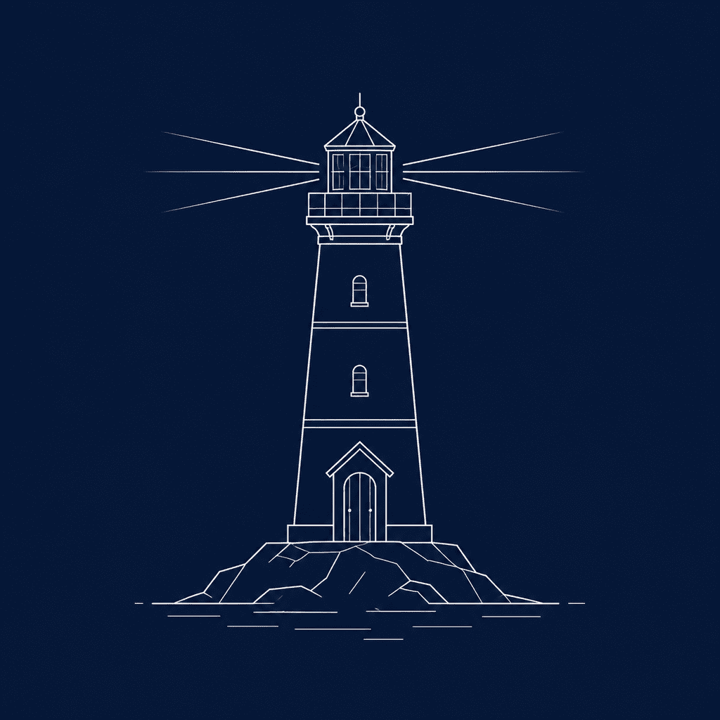 The generated lighthouse — minimalist white line-art on a flat dark navy background, beam lines radiating from the lantern room, gentle waves at the base