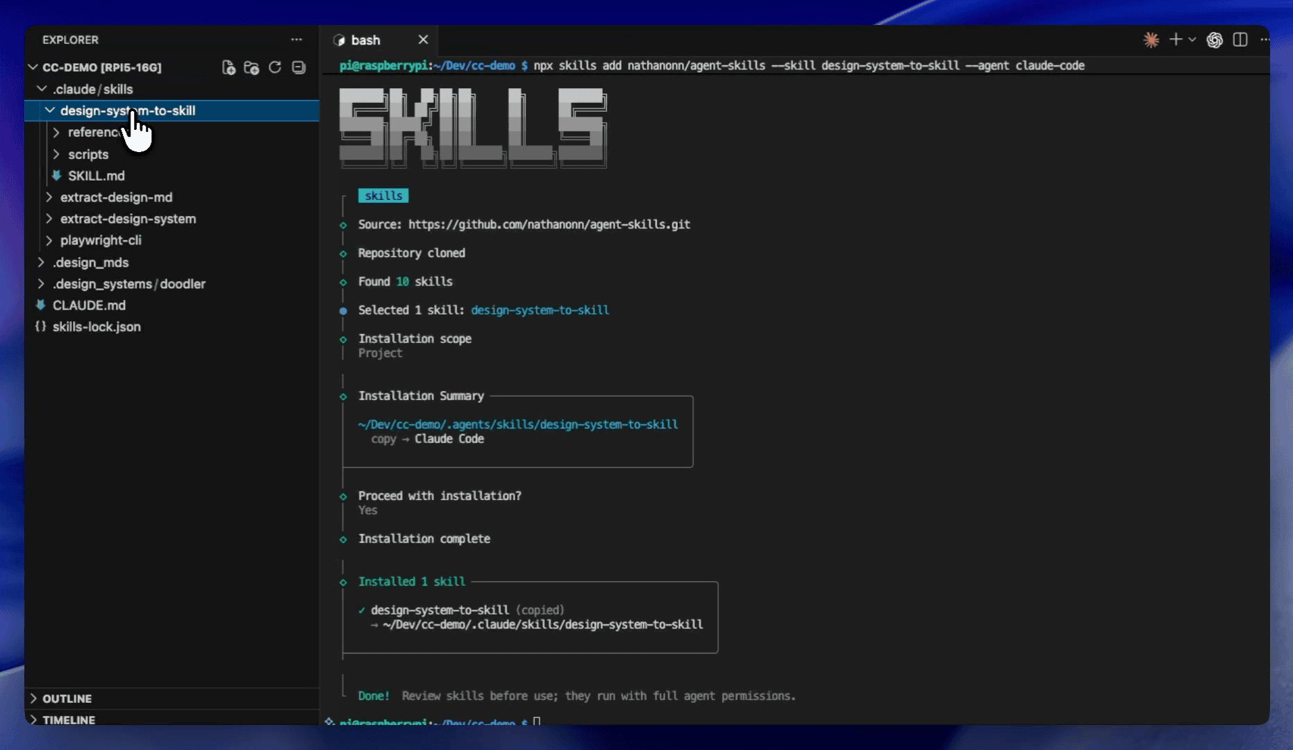 VS Code terminal showing the npx skills add command installing design-system-to-skill — an ASCII SKILLS banner, the source repo, Found 10 skills, and Installation complete confirmation with the skill sitting next to the Part 1 and Part 2 skills in the file tree