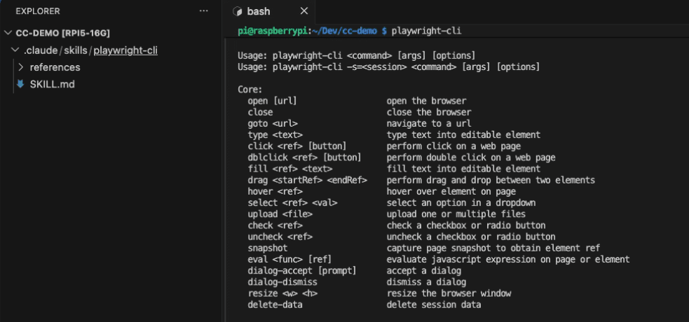 VS Code terminal showing the playwright-cli help output — a list of core browser commands like open, goto, click, fill, hover, screenshot — confirming the CLI is installed and on PATH
