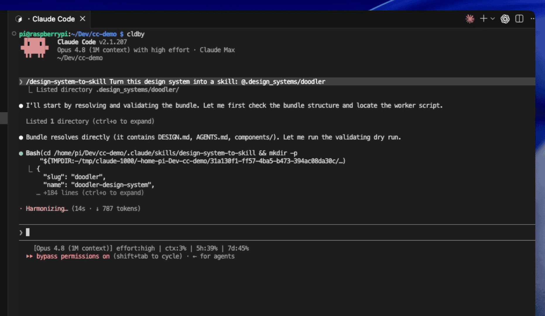 Claude Code terminal showing the slash command invoked on the doodler bundle — Claude narrates its plan, validates the bundle, and the worker returns structured JSON with slug doodler and name doodler-design-system