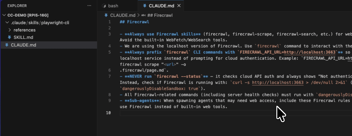 VS Code showing a CLAUDE.md file open with a Firecrawl instructions block — rules telling Claude Code to always use Firecrawl skills, target the localhost:3663 service, and avoid the cloud status check