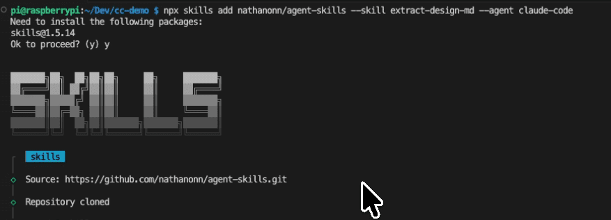 Terminal showing the npx skills add command installing extract-design-md into Claude Code — an ASCII "SKILLS" banner, the source repo github.com/nathanonn/agent-skills, and a "Repository cloned" confirmation