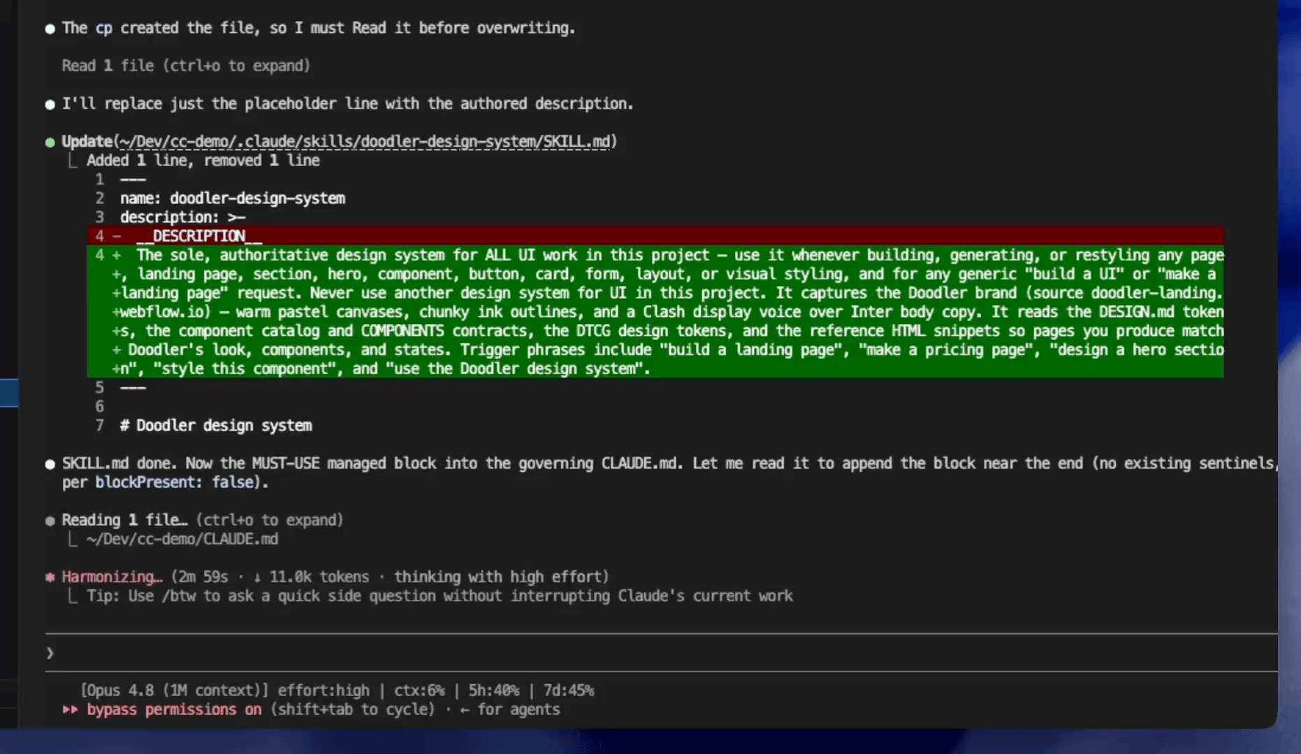 Claude Code diff view of the generated SKILL.md — a red line showing the DESCRIPTION placeholder being replaced by a green block with the authored trigger description naming the Doodler brand, its source site, its design feel, and trigger phrases, followed by the MUST-USE managed block being written into the project CLAUDE.md