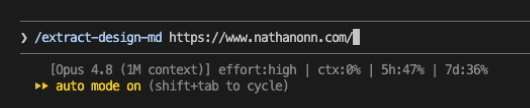 Claude Code prompt showing the /extract-design-md command run against https://www.nathanonn.com with Opus 4.8 and auto mode on