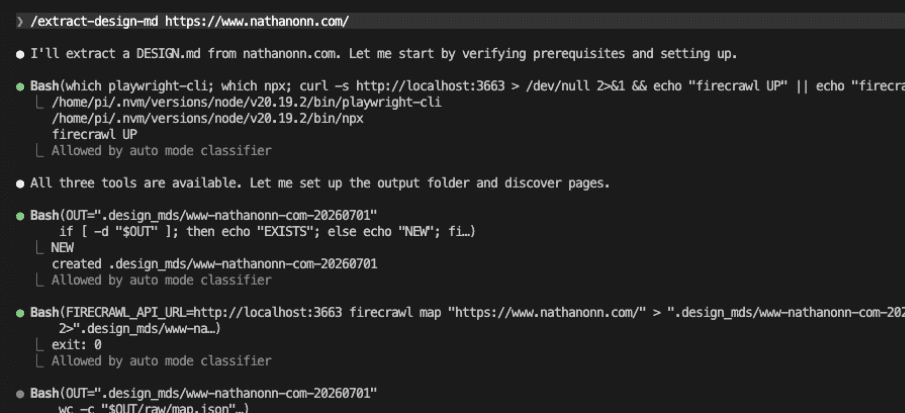 Claude Code starting the extraction — verifying that playwright-cli, npx, and Firecrawl are all available, then creating the output folder and running firecrawl map on the site