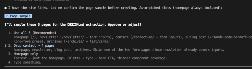 Claude Code presenting a page-sample confirmation — an auto-picked list of 5 pages (homepage, newsletter, contact, a blog post, archives) with options to use all 5, drop the contact page to 4, use homepage only, or type a custom set