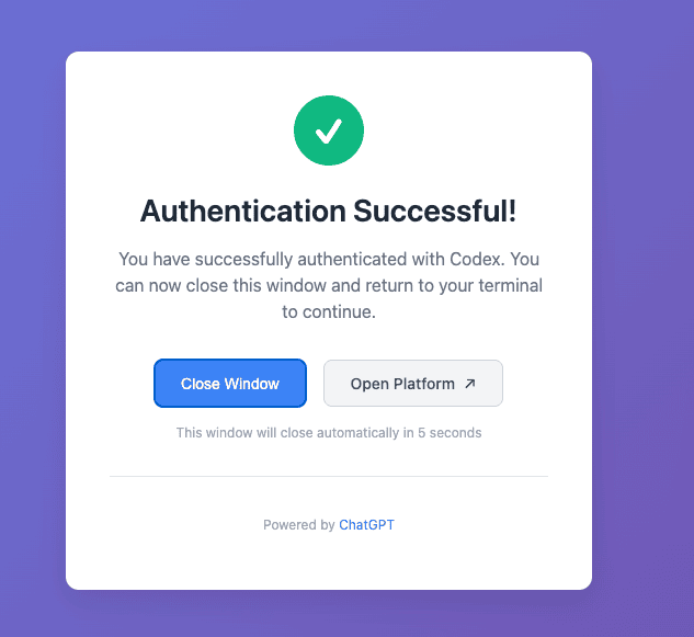 OpenAI authentication successful screen showing a green checkmark and the message 'You have successfully authenticated with Codex'
