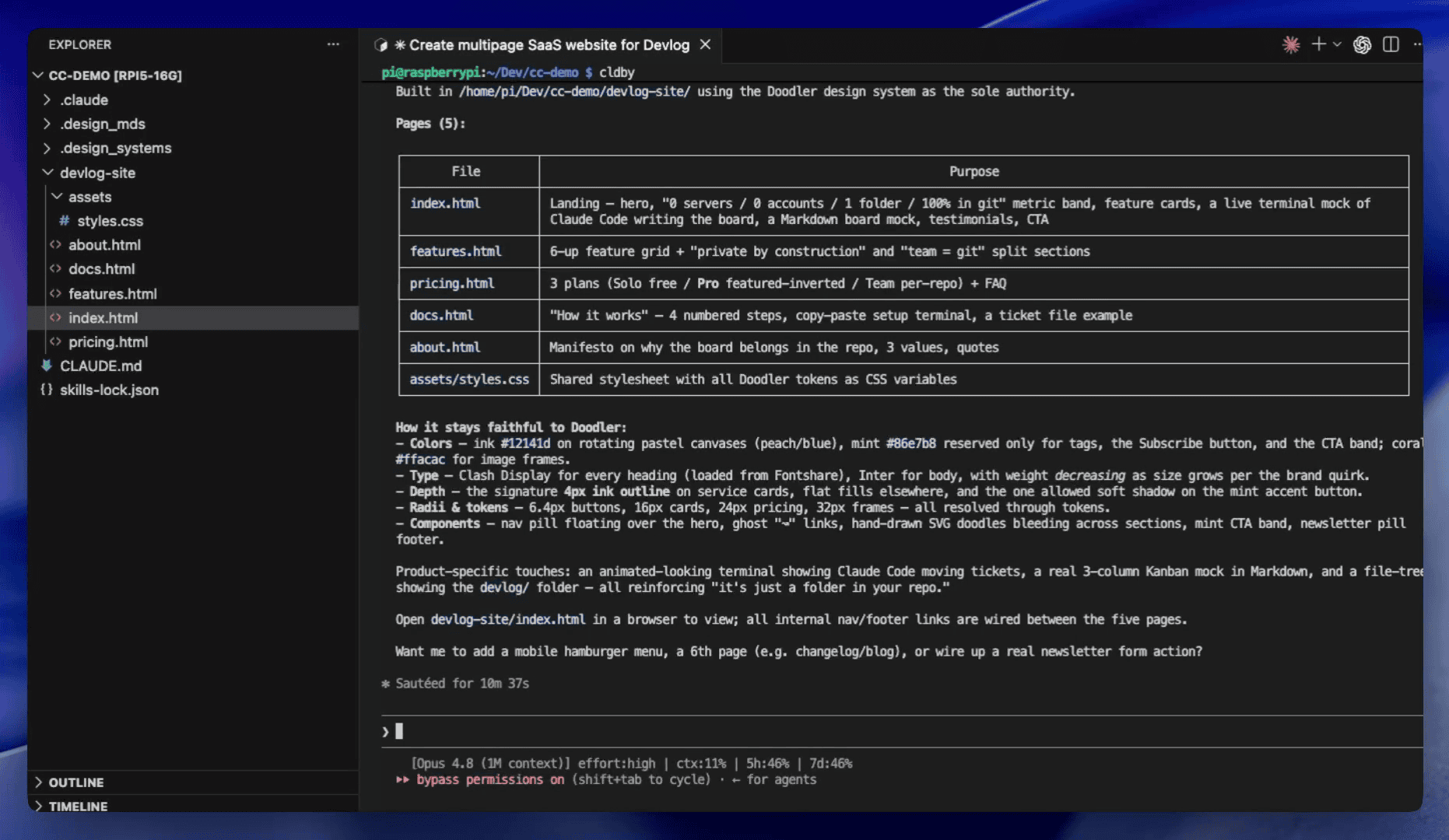 Claude Code build summary showing Built in devlog-site using the Doodler design system as the sole authority, a Pages table listing 5 HTML files with purposes, and a How it stays faithful to Doodler section citing exact color hex values, typography choices, 4px ink outline rule, and token-resolved radii
