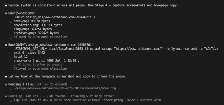 Claude Code at the screenshot stage — capturing viewport screenshots for home, newsletter, blog, and archives pages, then scraping the homepage copy to inform the prose