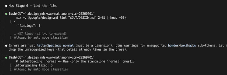 Claude Code running the design.md linter — npx @google/design.md lint on the output file, catching a letterSpacing value that needs fixing and a few non-blocking warnings