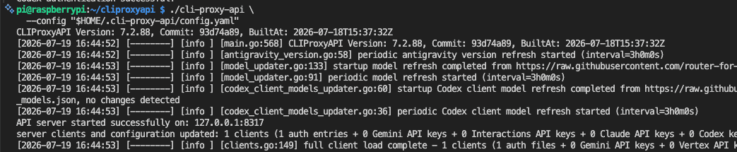 CLIProxyAPI server running — version 7.2.88, listening on 127.0.0.1:8317, with Codex client model refresh completed and 1 auth entry loaded