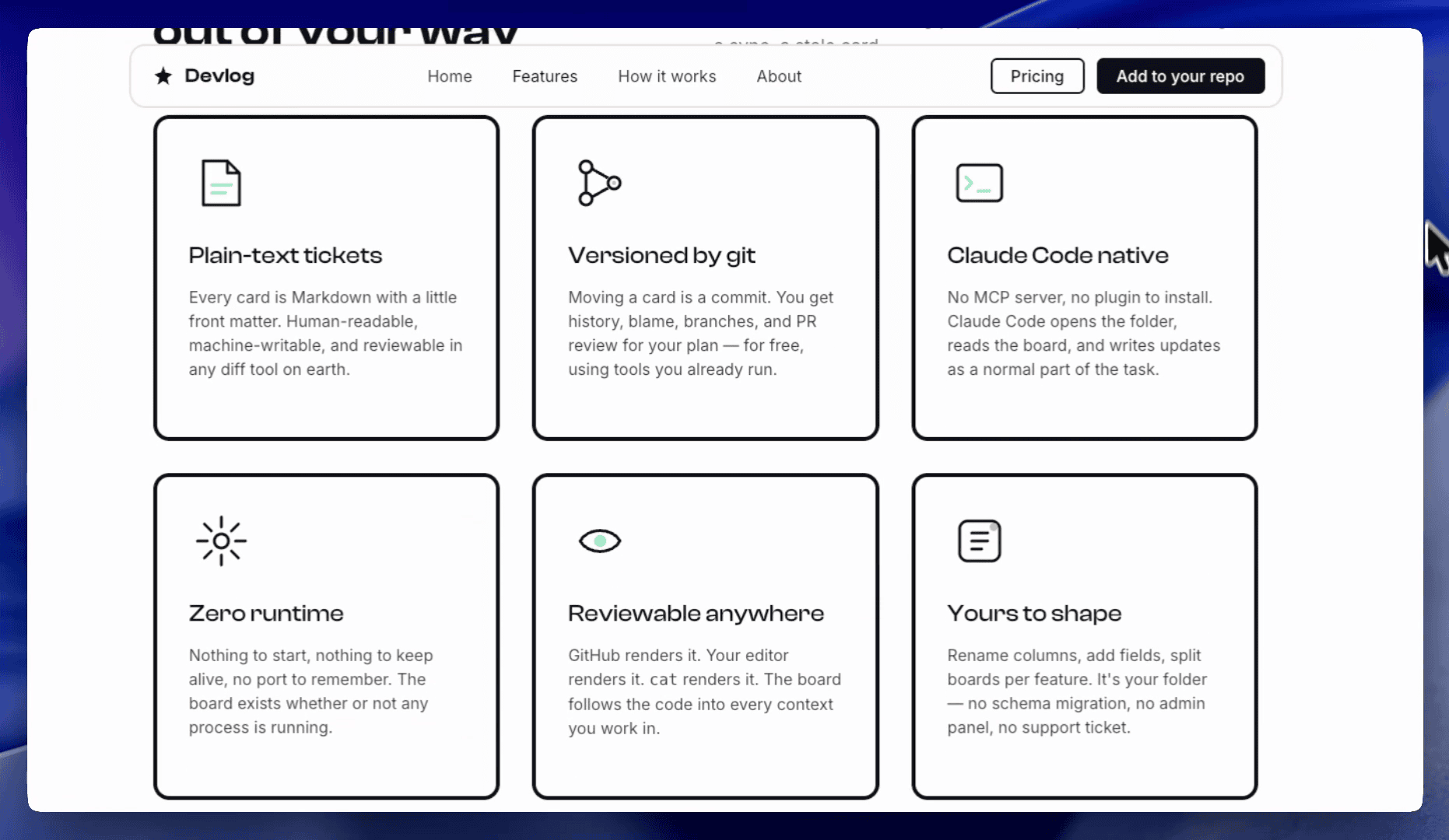 The Devlog features section showing a 6-up grid of white cards each with a thick ink outline border, mint-accented line icons, Clash Display card titles like Plain-text tickets and Versioned by git, Inter body text, and the floating nav pill above