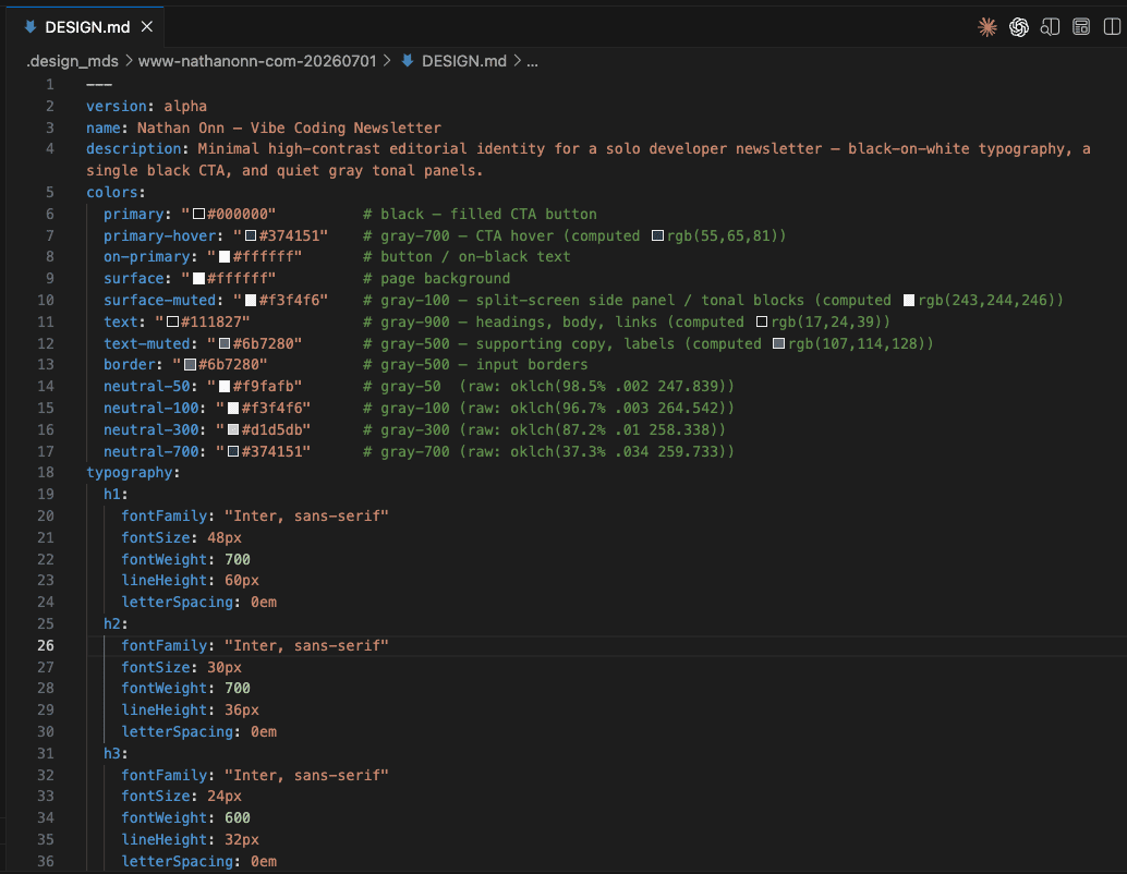 The generated DESIGN.md file open in an editor — YAML front matter with a name and description, a colors block where each color carries a hex value plus a comment showing its computed rgb() and raw oklch() source, and a typography block defining an Inter type scale for h1, h2, h3