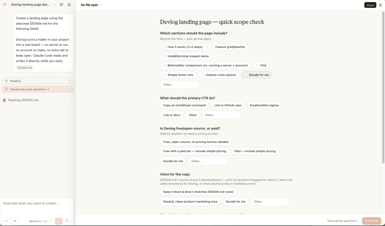 Claude Design asking clarifying scope questions for the Devlog landing page — which sections to include, what the CTA should do, whether it's free or paid, and what voice the copy should use