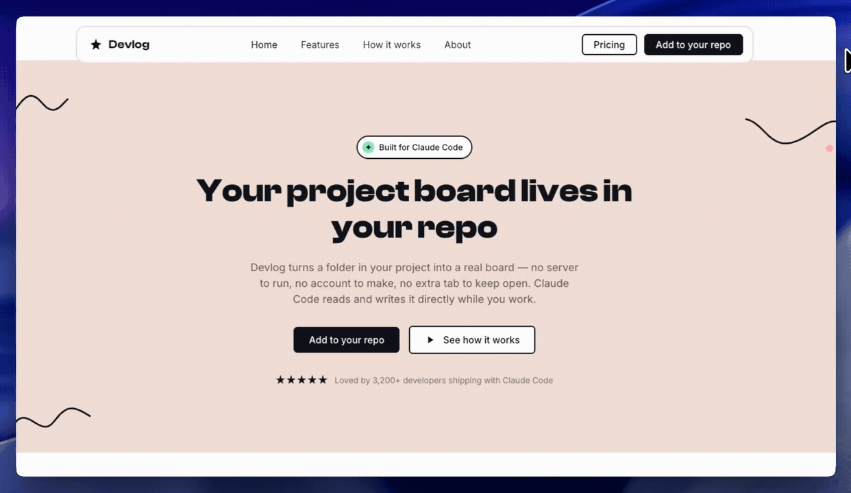 Animated scroll through the full Devlog landing page from hero to features to a split section with a Kanban board mock — every section maintaining the Doodler brand with peach canvases, ink-outline cards, mint accents, and hand-drawn doodles