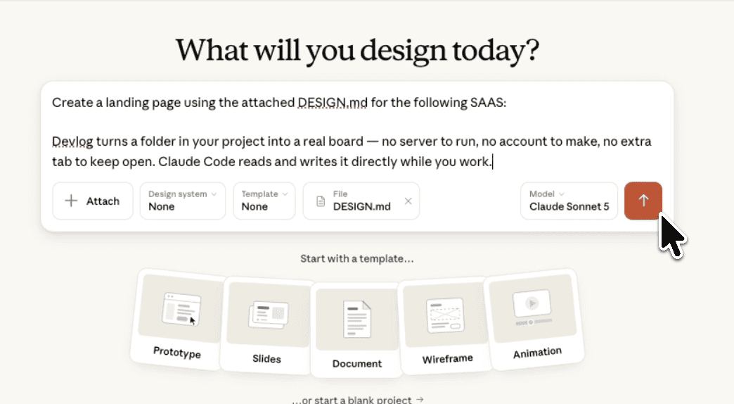 Claude Design's "What will you design today?" screen with the Devlog prompt typed in, the DESIGN.md file attached, and the model set to Claude Sonnet 5
