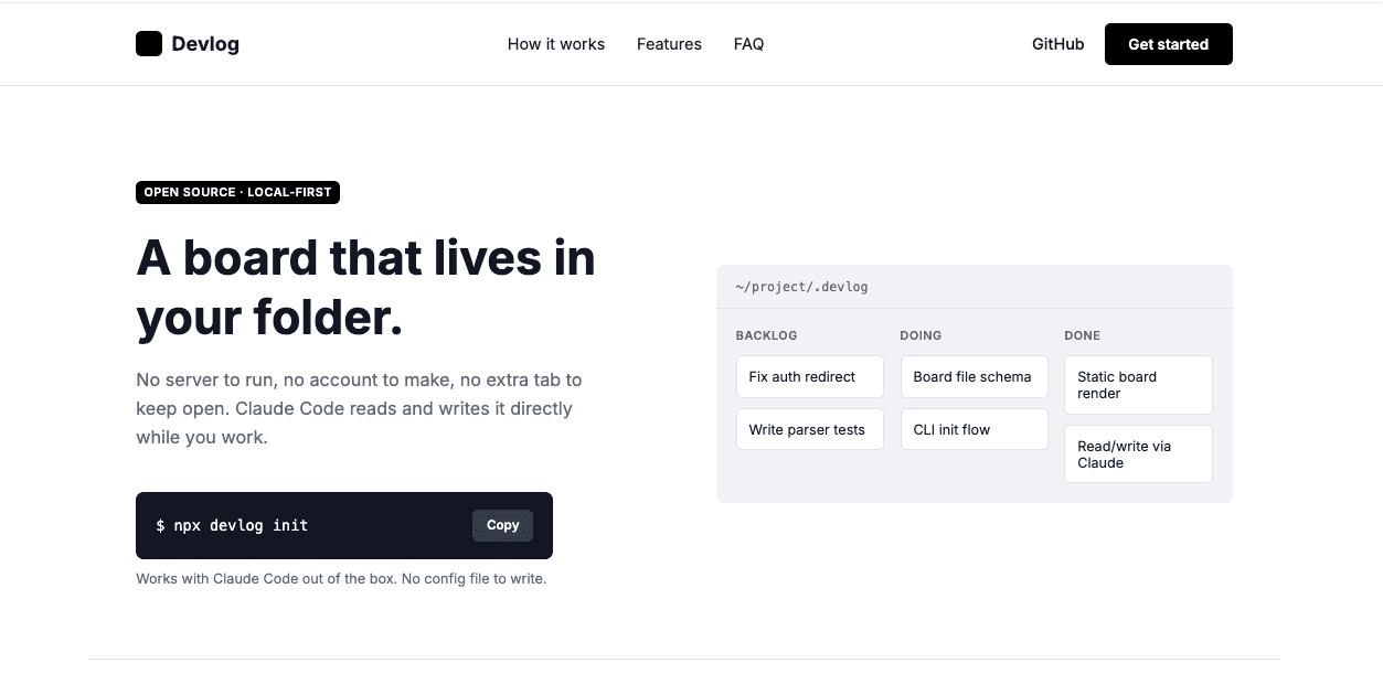 A landing page for a fake developer tool called Devlog — black wordmark, a black pill "Get started" button, a bold Inter headline reading "A board that lives in your folder," and a gray tonal panel showing a kanban board — all generated by Claude Design from an extracted DESIGN.md