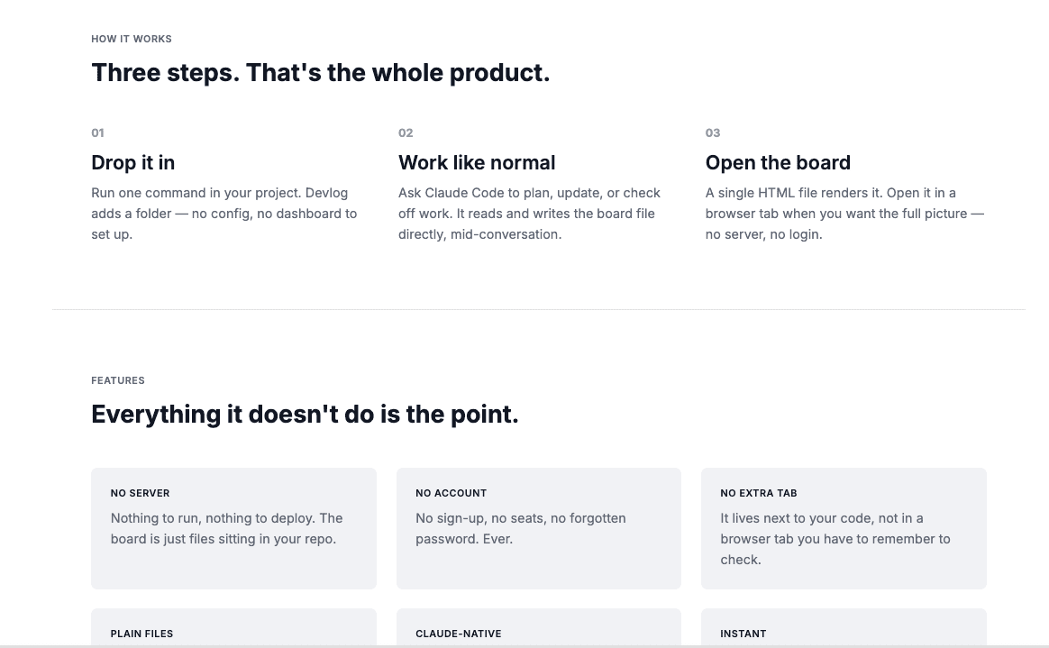 The Devlog "How it works" and "Features" sections — three numbered steps in Inter, then a grid of gray tonal feature cards with small caps labels, all black-on-white