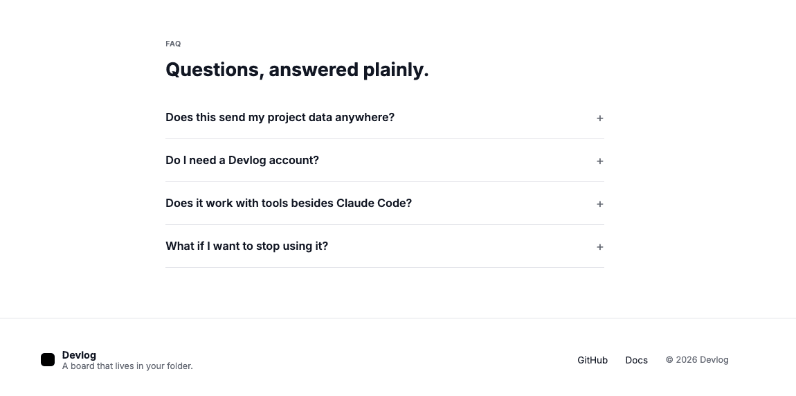 The Devlog FAQ section with plain expandable questions, followed by a minimal footer with the black wordmark and a "A board that lives in your folder" tagline