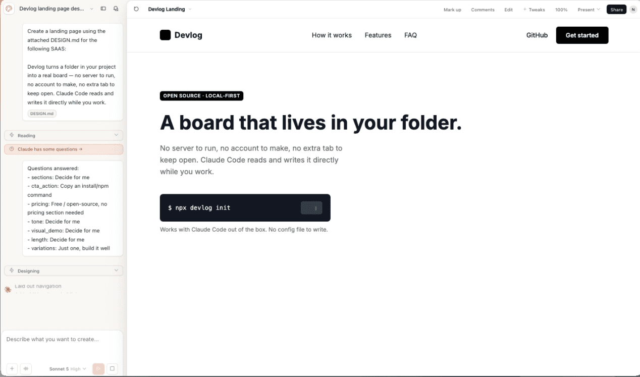 Claude Design building the Devlog landing page — the hero taking shape with a black wordmark, an "OPEN SOURCE · LOCAL-FIRST" pill, the headline "A board that lives in your folder," and a terminal-style install snippet