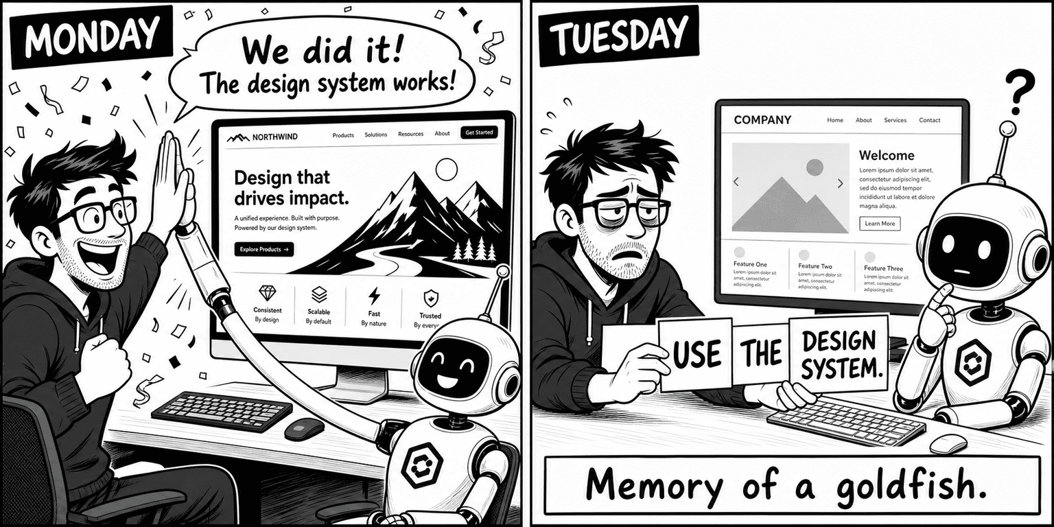 Two-panel black-and-white comic — MONDAY: a developer high-fives an AI robot in front of a branded website with confetti, saying We did it The design system works — TUESDAY: same developer exhaustedly holding up cue cards reading USE THE DESIGN SYSTEM while the AI has a question mark and the monitor shows a generic template, captioned Memory of a goldfish