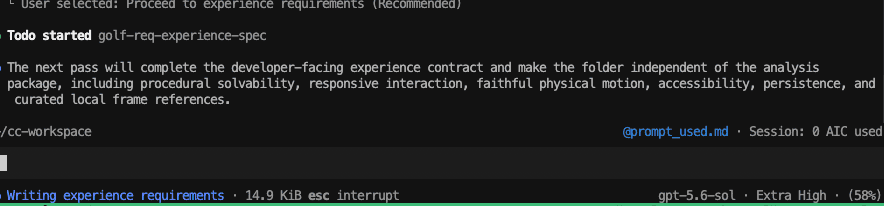 Copilot CLI running GPT-5.6 Sol at Extra High effort with context usage at 58 percent during active work
