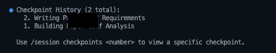 Copilot CLI session checkpoints output listing 2 checkpoints with titles showing the progression of a multi-phase coding session