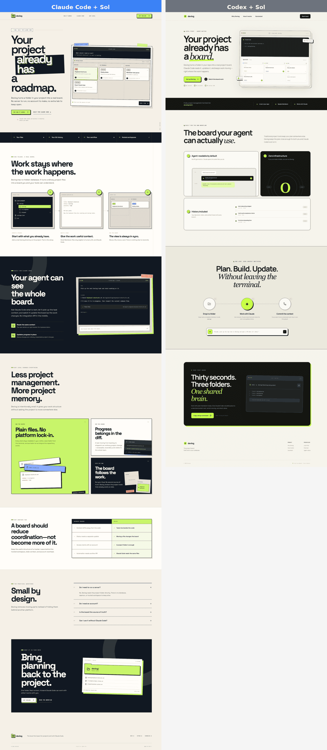 Devlog landing page comparison — Claude Code version (left) with rich multi-section layout versus Codex version (right) with fewer sections
