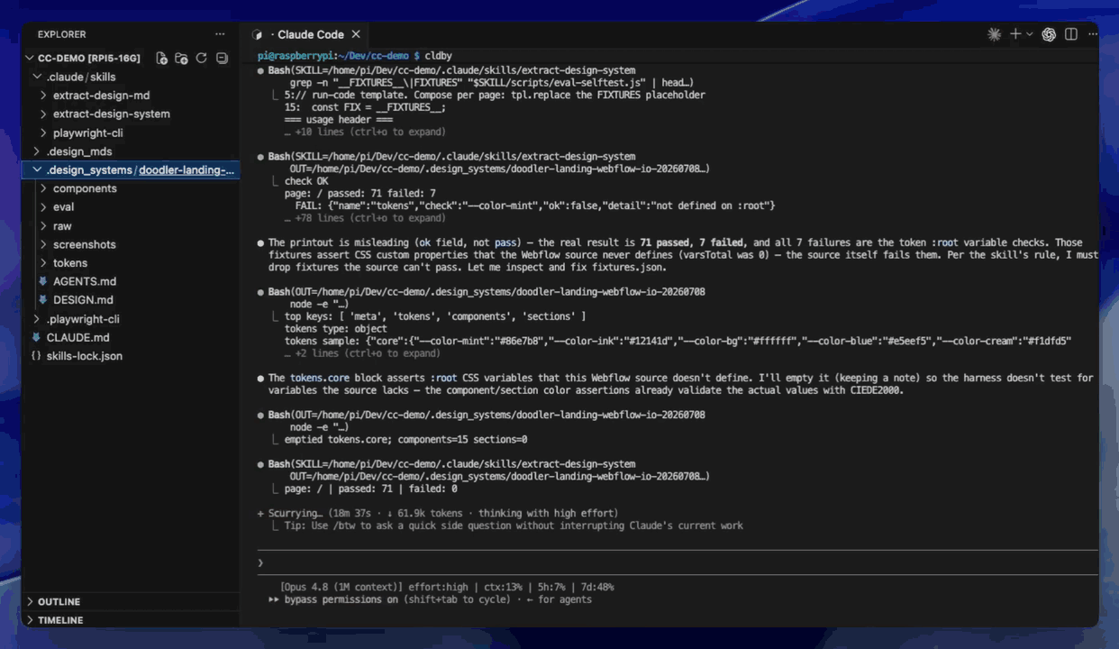 Terminal showing the extraction complete — checkmark and "Design system extracted" confirmation, all four validation gates passed, self-test results showing 71 passed with 0 failed on the live source