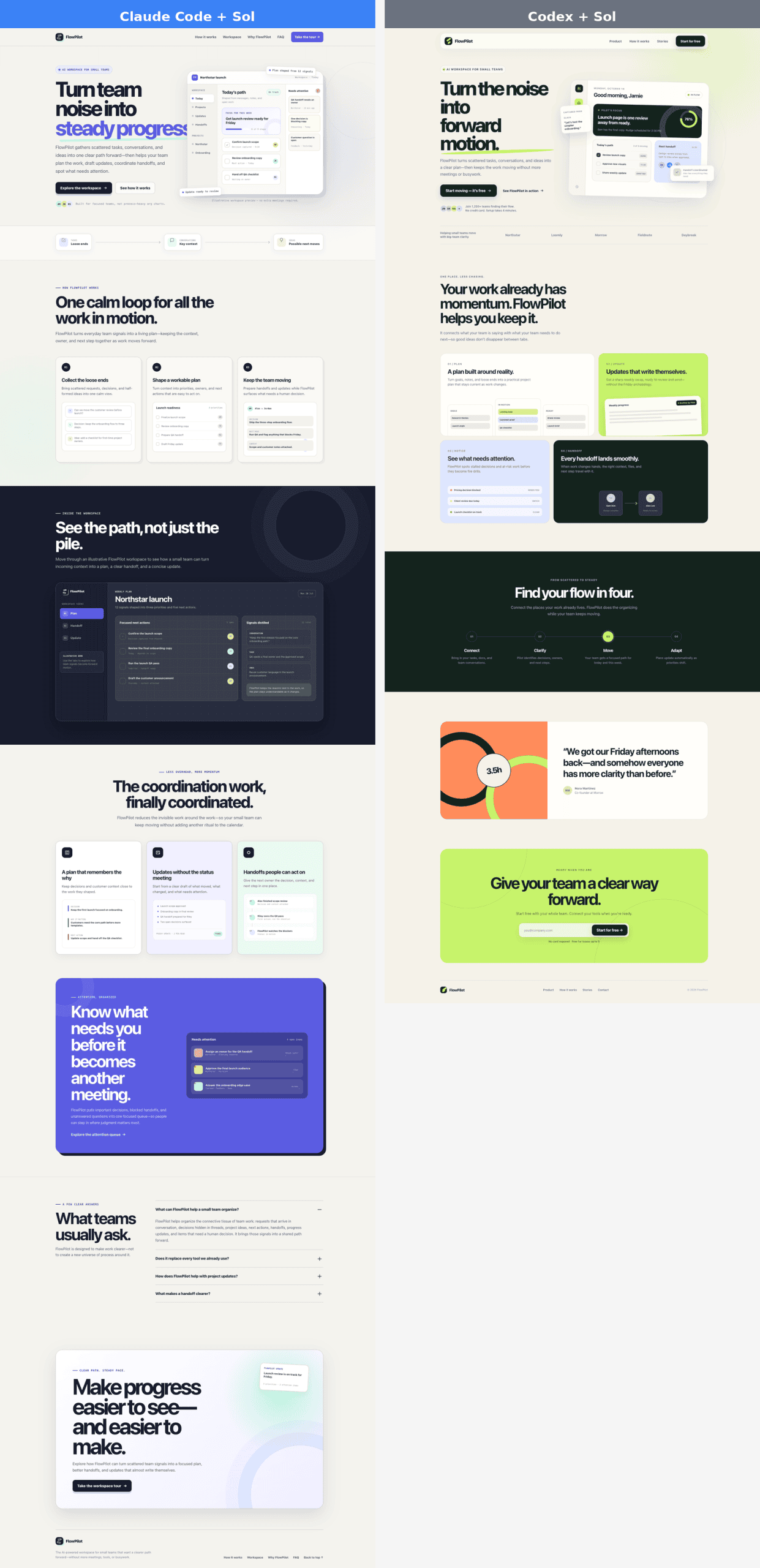 FlowPilot landing page comparison — Claude Code version (left) with richer component variety versus Codex version (right) with simpler patterns