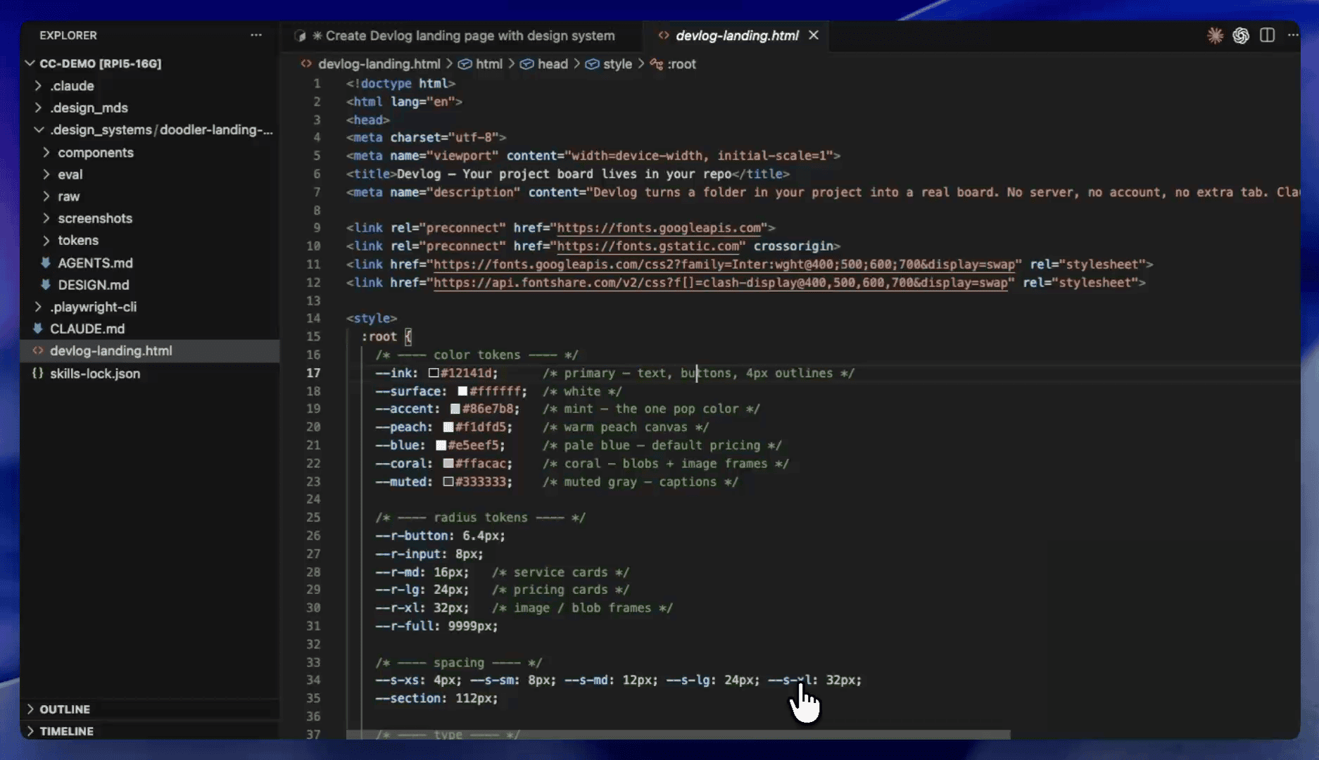 Generated HTML showing the extracted design tokens wired in as CSS custom properties under the root element — ink, surface, accent, peach, and coral colors plus the radius scale and spacing values